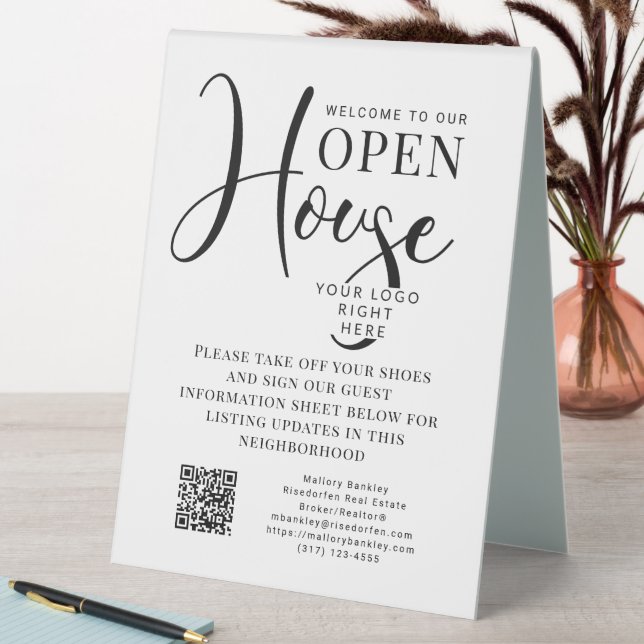 Custom Logo & QR Code Open House Black & White Table Tent (In SItu (Table))