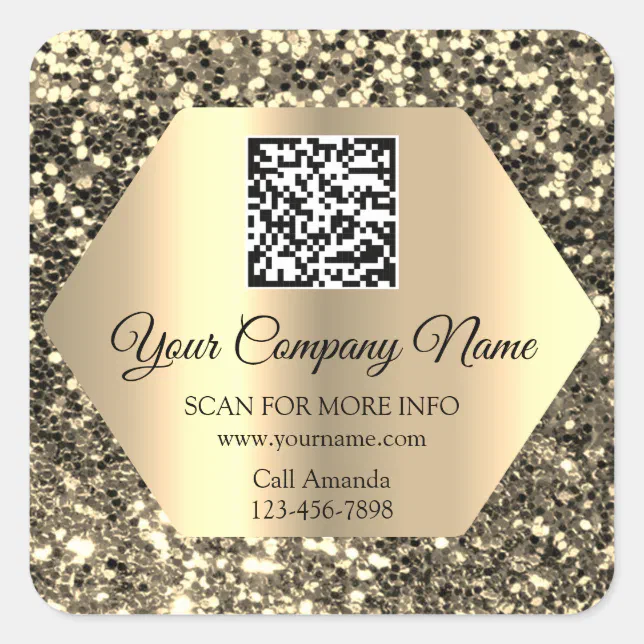 Custom Logo QR Code Promotional Gold Glitter Square Sticker | Zazzle