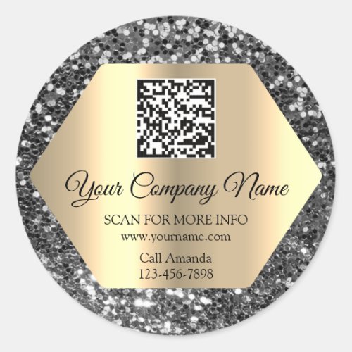 Custom Logo QR Code Promotional Gray Glitter  Classic Round Sticker