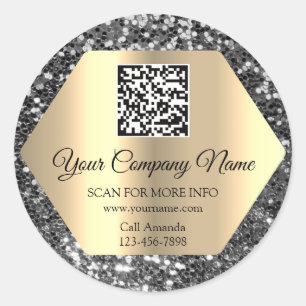 Custom Logo QR Code Promotional Gray Glitter Classic Round Sticker