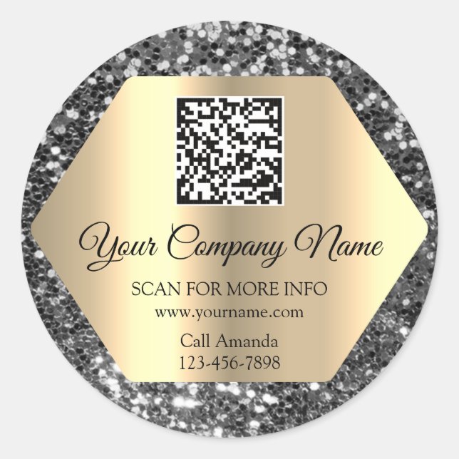 Custom Logo QR Code Promotional Gray Glitter  Classic Round Sticker (Front)