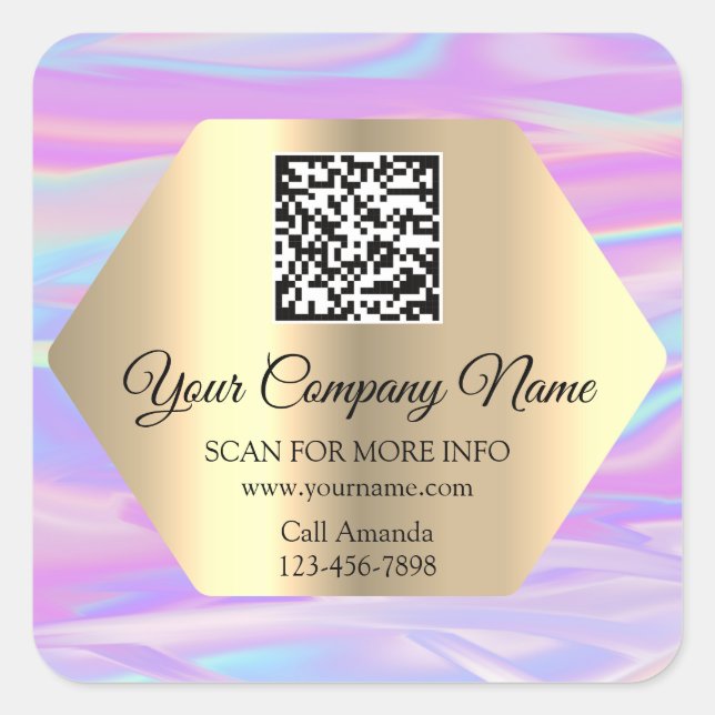 Custom Logo QR Code Promotional Pink Holograph Square Sticker (Front)