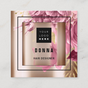 Custom Logo QR CODE Rose Gold Frame Pink Square Business Card