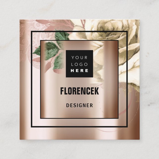 Custom Logo QR CODE Rose Gold Green Ivory  Square Business Card (Front)