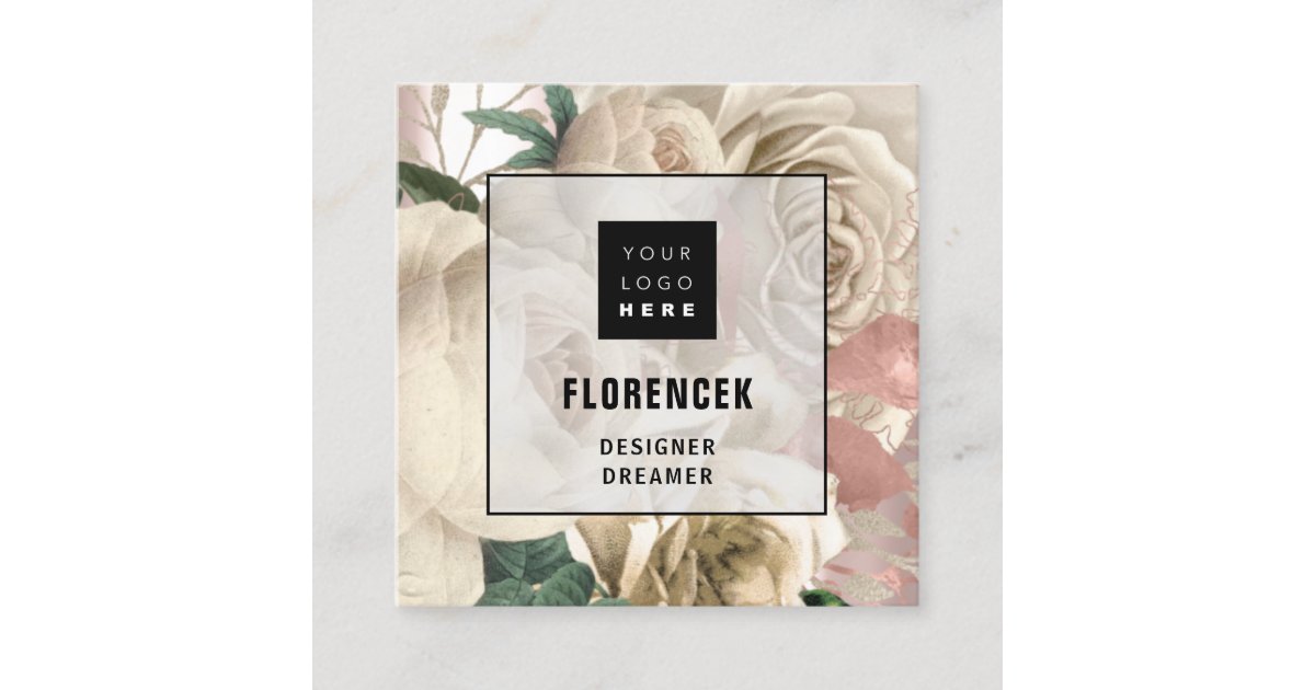 Custom Logo QR CODE Rose Ivory Green Rose Square Business Card | Zazzle