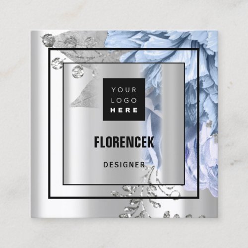 Custom Logo QR CODE Roses Blue Silver Black Frame  Square Business Card