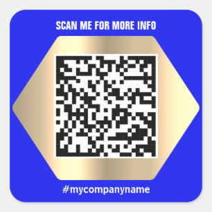 Custom Logo QR Code Scan Me Name Gold Blue Modern Square Sticker