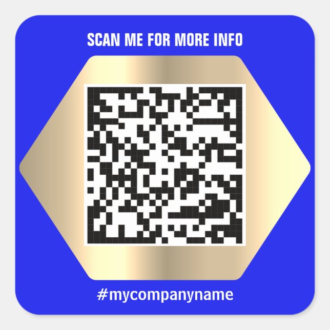 Custom Logo QR Code Scan Me Name Gold Blue Modern Square Sticker (Front)