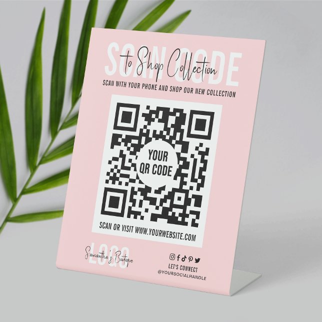 Custom Logo QR Code Scan to Shop Pink & White Menu Pedestal Sign (Make it easy for clients to shop with this QR code business website pedestal sign in pink and white)