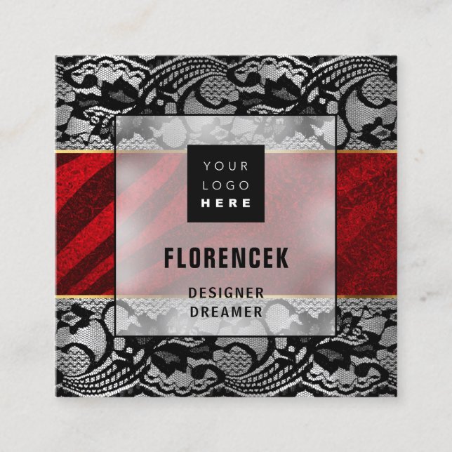 Custom Logo QR CODE Silver Gray Black Red Lace  Square Business Card (Front)