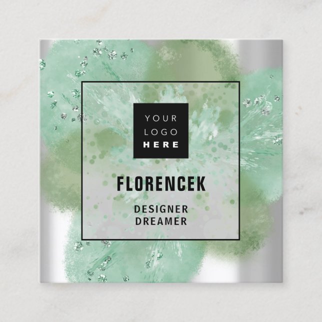 Custom Logo QR CODE Silver Gray Floral Abstract Square Business Card (Front)