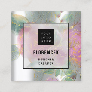 Custom Logo QR CODE Silver Gray Green Floral Frame Square Business Card