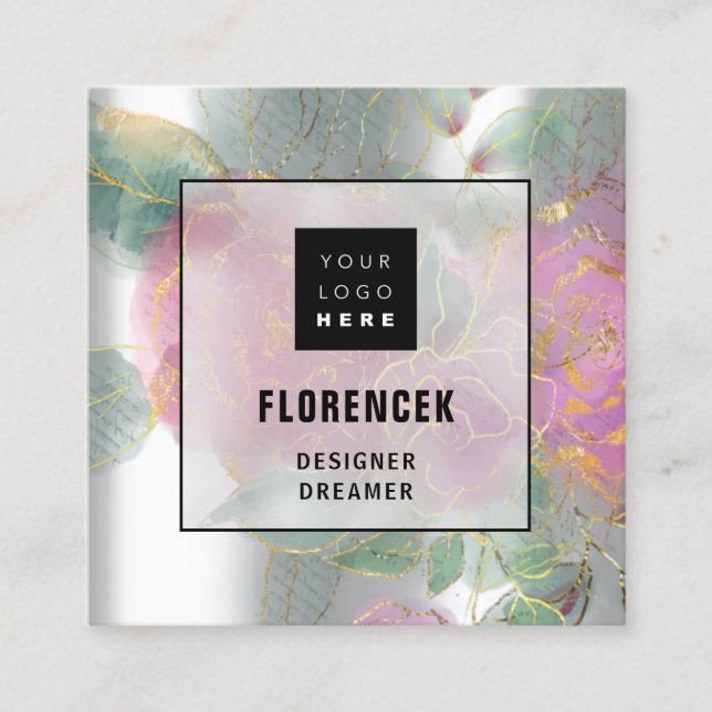 Custom Logo QR CODE Silver Gray Green Floral Frame Square Business Card (Front)