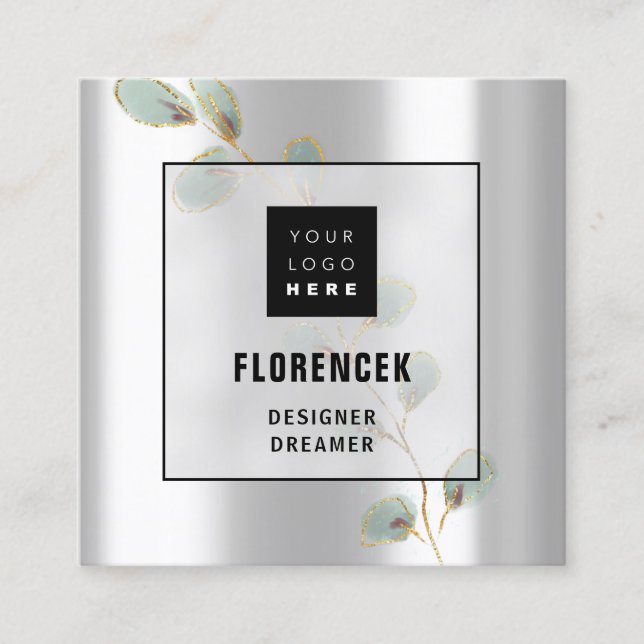 Custom Logo QR CODE Silver Gray Green Gold Leafs Square Business Card (Front)