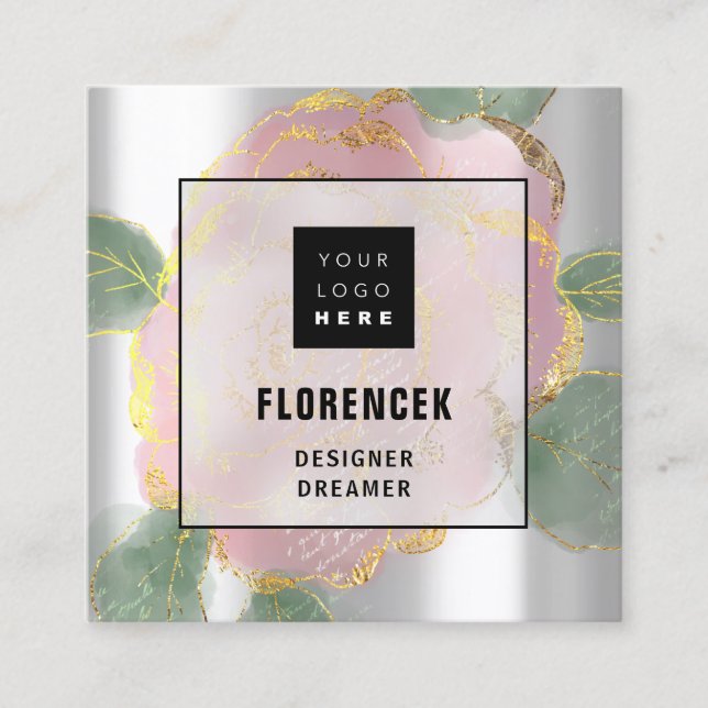 Custom Logo QR CODE Silver Gray Green Rose Leafs  Square Business Card (Front)