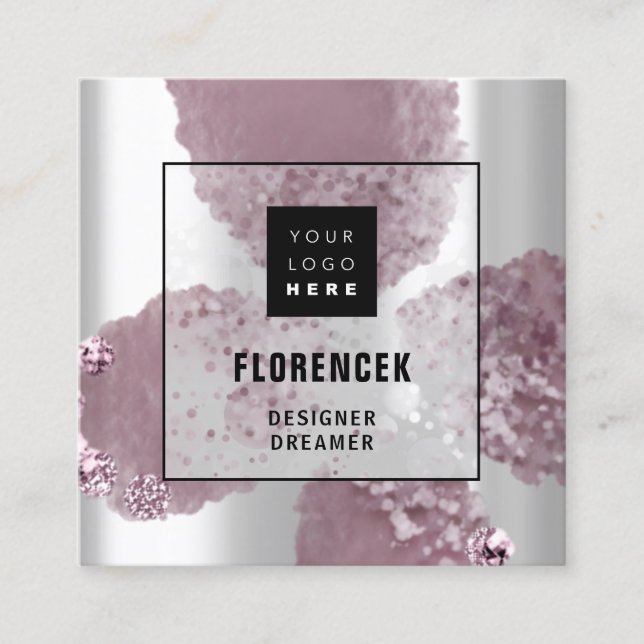 Custom Logo QR CODE Silver Gray Purple Crystals Square Business Card (Front)