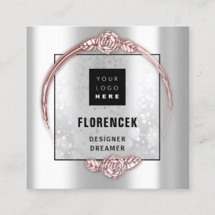 Custom Logo QR CODE Silver Gray Rose Frame Square Business Card