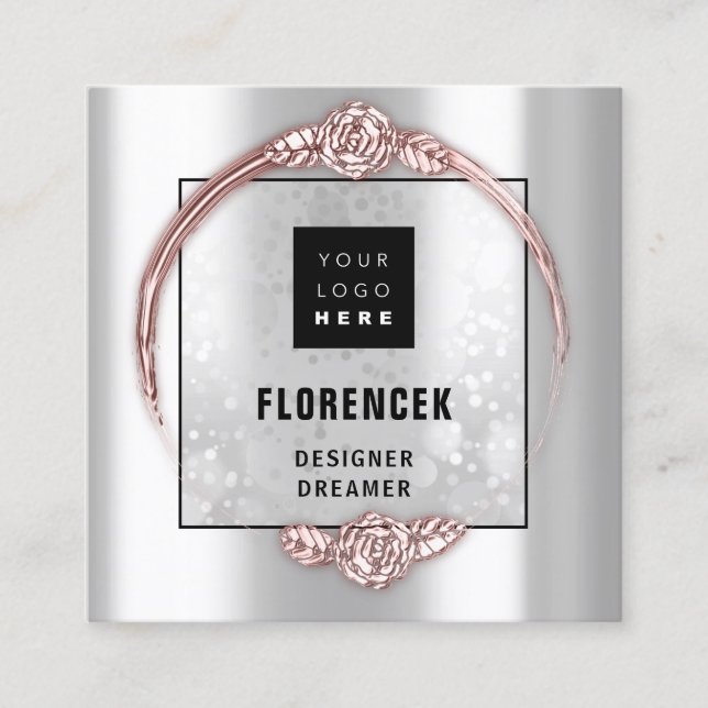 Custom Logo QR CODE Silver Gray Rose Frame Square Business Card (Front)