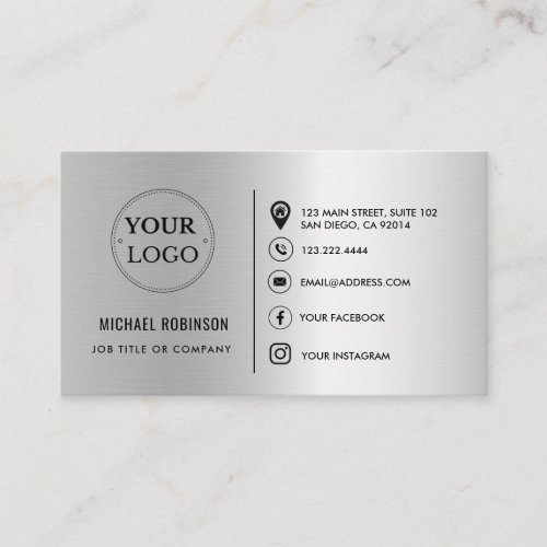 Custom Logo QR Code Social Media Icons Faux Silver Business Card