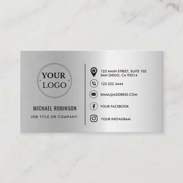 Custom Logo QR Code Social Media Icons Faux Silver Business Card | Zazzle