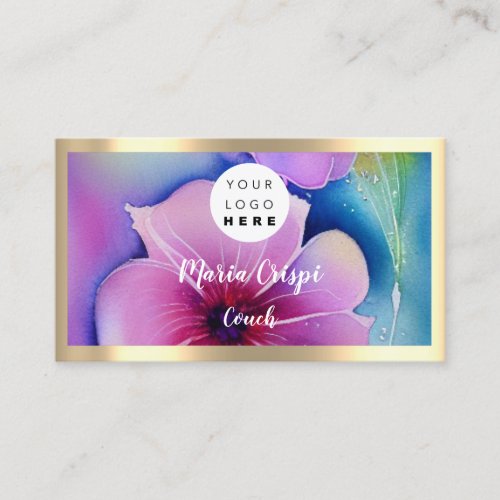 Custom Logo QR Code Watercolor Gold Social Flowers Business Card