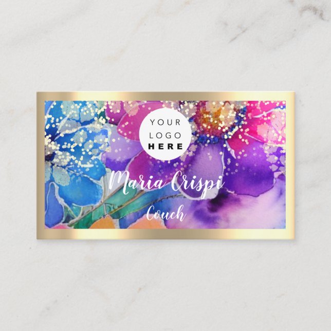 Custom Logo QRCode Social Gold Holographic Flowers Business Card (Front)