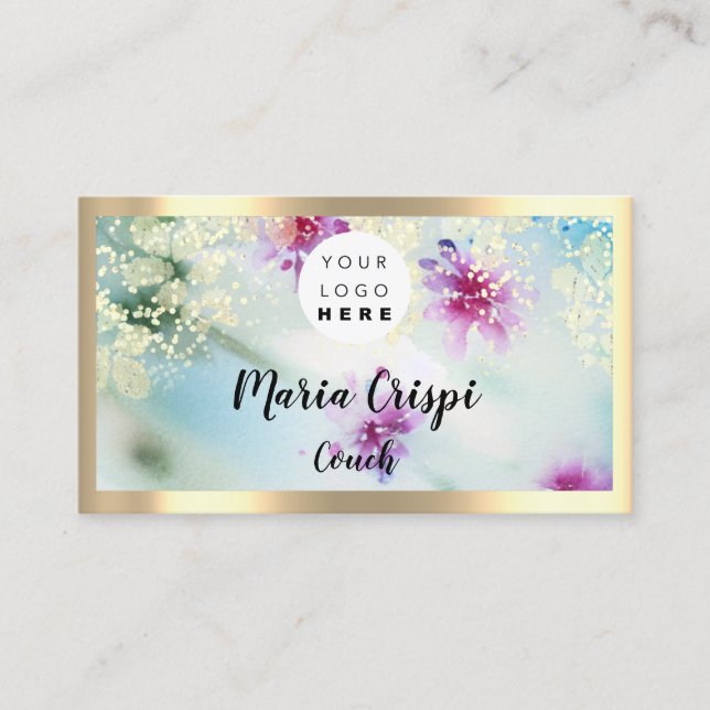 Custom Logo QRCode Social Gold Mint Meadow Flowers Business Card (Front)