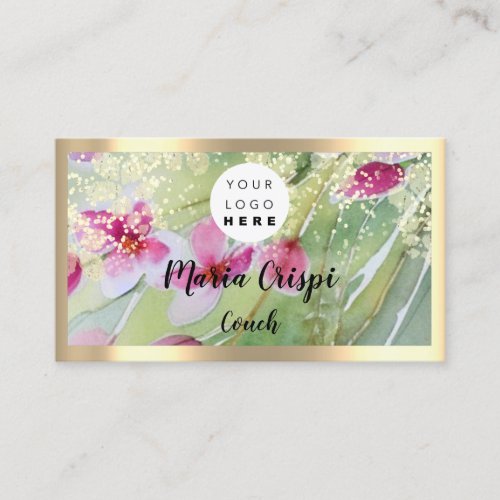 Custom Logo QRCode Social Gold Mint Pink Flowers Business Card