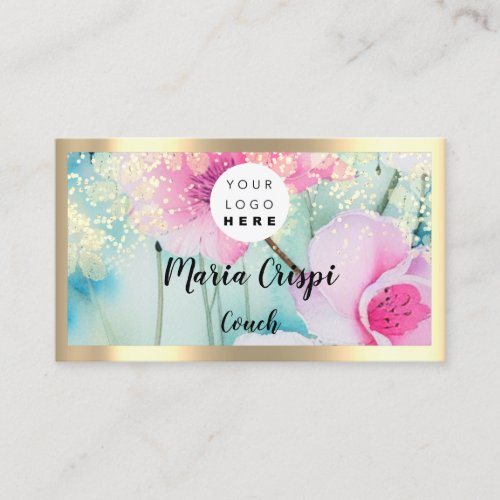 Custom Logo QRCode Social Gold Pink Flowers Business Card