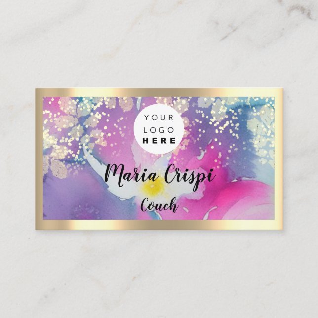 Custom Logo QRCode Social Gold Pink Watercolor Business Card (Front)