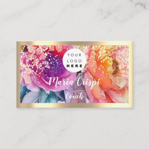 Custom Logo QRCode Social Gold Watercolor Roses Business Card