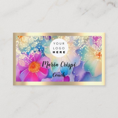 Custom Logo QRCode Watercolor Gold Social Floral Business Card