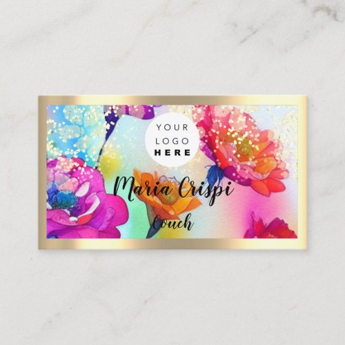 Custom Logo QRCode Watercolor Gold Social Florals Business Card