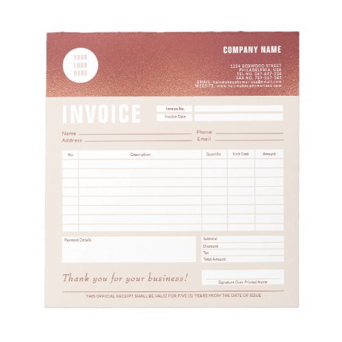 Custom Logo Rose Gold Foil Invoice Form Notepad