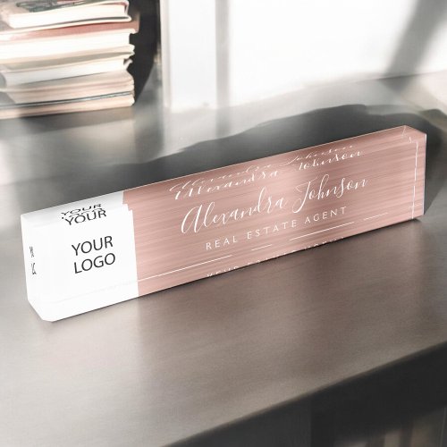 Custom Logo Rose Gold Pink Elegant Professional Desk Name Plate