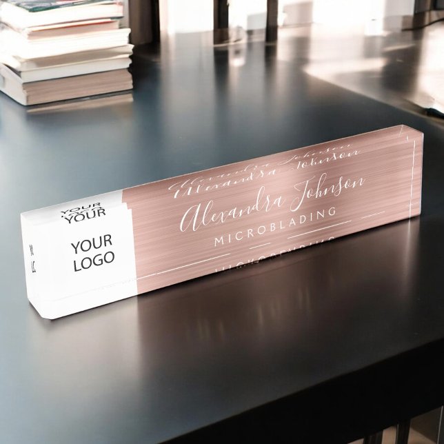 Custom Logo Rose Gold Pink Microblading Desk Name Plate (Creator Uploaded)