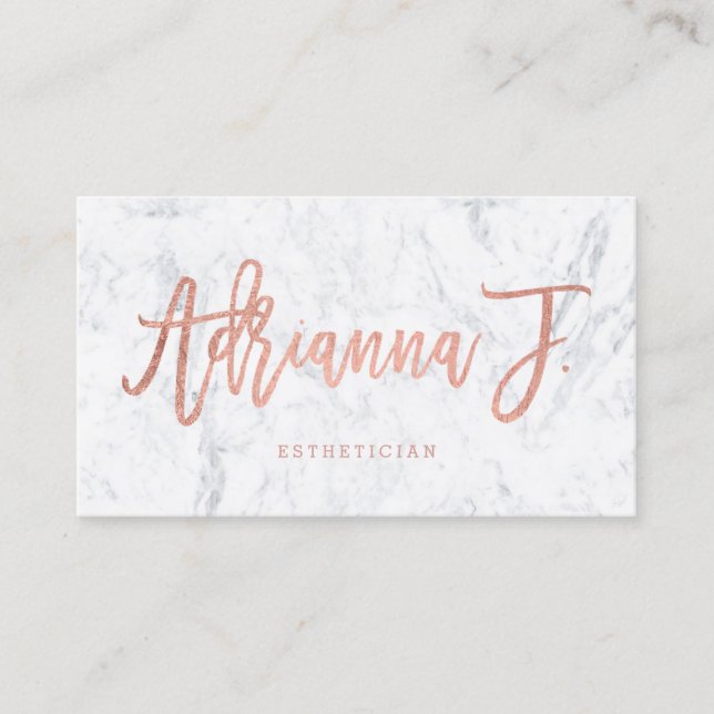 Custom logo rose gold typography white marble business card (Front)