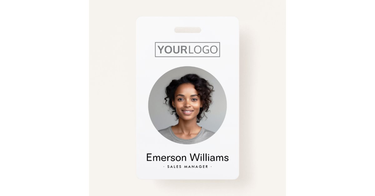 Custom logo round photo white employee name id badge | Zazzle