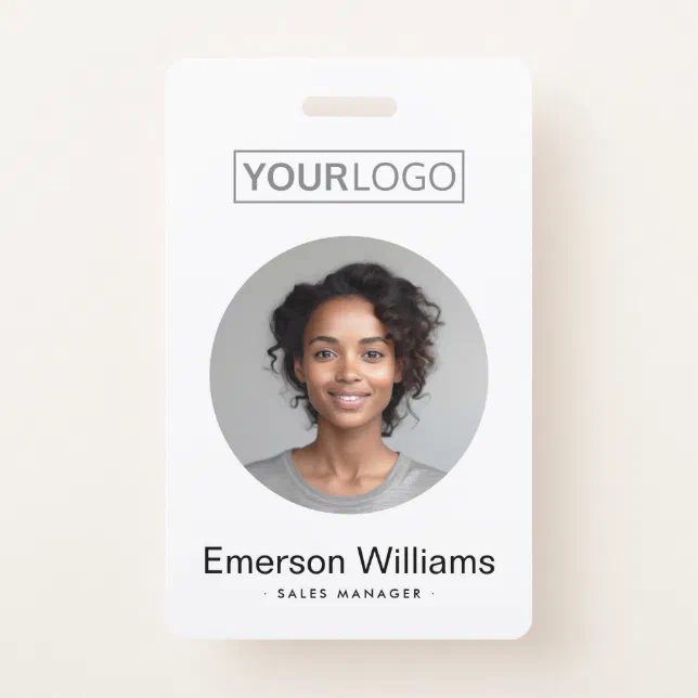 Custom logo round photo white employee name id badge | Zazzle