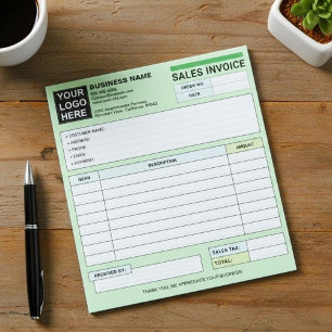 Custom Logo, Sales Invoice Receipt Small Business Notepad