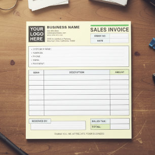 Custom Logo, Sales Invoice Receipt Small Business  Notepad