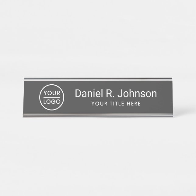 Custom logo simple dark gray desk name plate (Front)