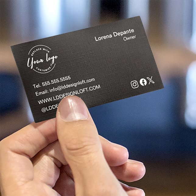 Custom Logo Simple Modern Minimalist Social Media Business Card (Stylish, black white custom logo business card.)