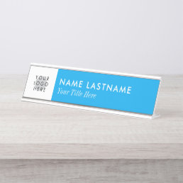 Custom Logo Simple Modern Sky Blue Bright White Desk Name Plate