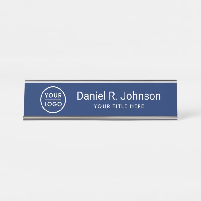 Custom logo simple navy blue desk name plate (Front)