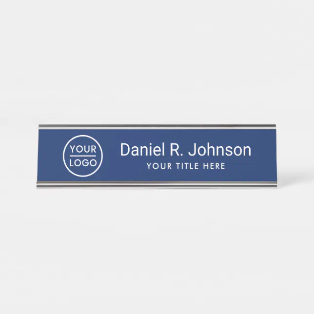 Custom logo simple navy blue desk name plate | Zazzle