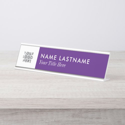 Custom Logo Simple Royal Purple White Minimalist Desk Name Plate