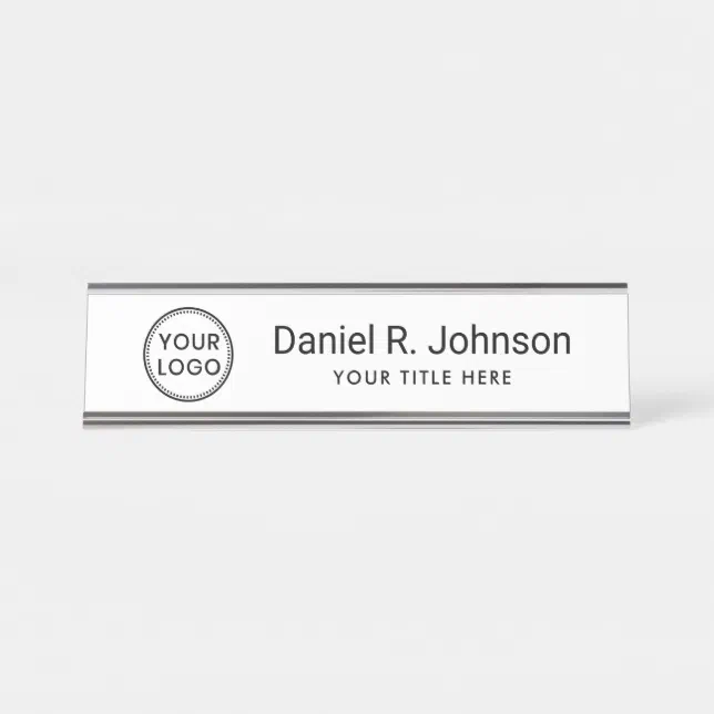 Custom logo simple white desk name plate | Zazzle