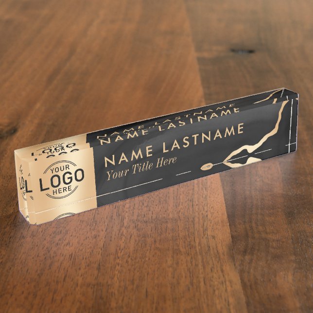 Custom Logo Sleek Luxury Black Gold Agate Marble Desk Name Plate (Side)