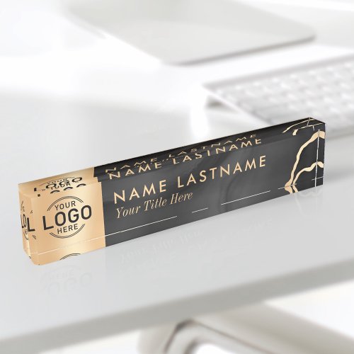 Custom Logo Sleek Luxury Black Gold Agate Marble Desk Name Plate